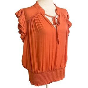 Joie Blouse with Ruffle Cap Sleeves, Small, Rust Orange, Like New, Smocked Waist